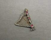 Antique Estate C1900 14K Gold Silver 0.39TCW Ruby Diamond Etruscan Harp Pin Antique Harp Brooch Ruby Harp Pin 1.5 quot