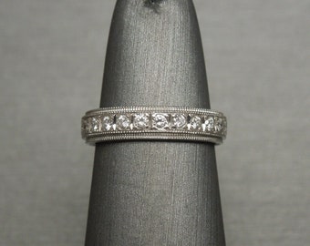 Vintage Estate C1970 Engraved Platinum 0.40TCW Brilliant Diamond Bezel Channel 'Eternity' Wedding Band / Platinum Eternity Band  Sz 4.25