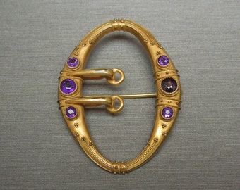 Antique Etruscan Estate C1880 18K Gold 1.60TCW Amethyst Oval Shaped Brooch / Lapel Pin 2" x 1.5"