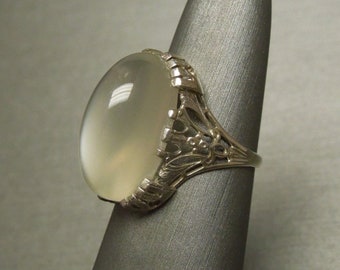 Antique Art Deco Estate C1920 14K White Gold Filigree 13.91ct Silver Grey Moonstone Solitaire Statement Dinner Ring Sz 5.75