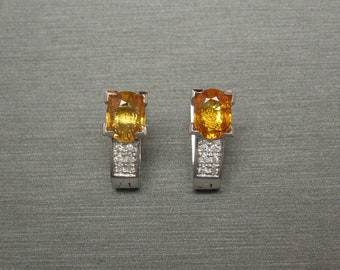 Vintage Estate 18K White Gold 3.16TCW Oval Natural Golden Orange Sapphire & Square Diamond Cuff / Wrap Style Earrings 0.60"