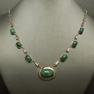 Vintage Art Deco Estate C1940 10K Gold 34.00TCW Natural Cabochon Emerald Necklace 18.25&quot;