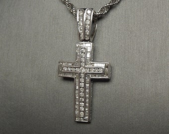 Unisex / Men's Vintage Art Deco 14K White Gold 3.75TCW Round & Baguette Channel Diamond Statement Cross Pendant 2.25"