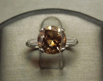 Vintage Estate C1960 Platinum Fancy Cognac 4 carat GIA Certified Diamond Solitaire & Baguette Classic Engagement Ring Sz 6