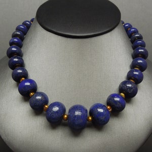 Vintage Estate Ancient Roman Style Lapis Lazuli & Gold Pearl Gemstone Statement Necklace 16&quot;
