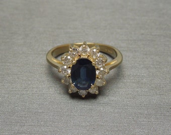 14k Yellow Gold Sapphire Diamond Halo Ring 1.25ctw Vintage Style Size 6 ...