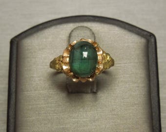 Antique Victorian Estate C1900 10K Yellow + Green Gold Floral Design 5ct Blue Green Tourmaline Solitaire Ring Sz 6.5