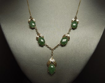 Vintage Retro Estate C1950 10K Gold Natural Jade Necklace w/ New 14K Gold Clasp 17"
