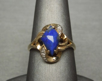 Vintage Estate C1970 10K Gold Retro Style Diamond Shaped Lapis & Diamond Accent Ring Sz 9