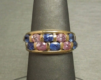 Vintage Estate C1980 10K Gold 3.30TCW Natural Blue Ceylon Sapphire & Pink Sapphire Wide Wedding Band Sz 7.5