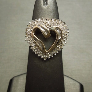 Vintage Estate C1970 10K 14K Gold 1.25TCW Round & Baguette Diamond Heart / Sweetheart Statement Ring Sz 6.75