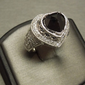 Vintage Art Deco Estate 18K White Gold 5.20TCW Large Heart cut Black Diamond, Sapphire & White Diamond Statement Engagement Ring Sz 9