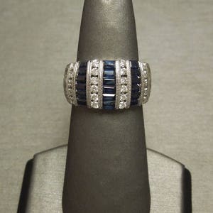 Unisex Vintage Art Deco Estate Hand Engraved 14K White Gold 2TCW Sapphire Baguette & Brilliant Diamond Channel Domed Wedding Band Sz 7