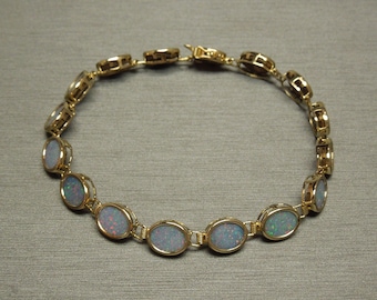 Vintage Estate C1980 Handmade 14K Gold Bezel set Genuine Boulder Black Opal Tennis Link Bracelet 7.25"