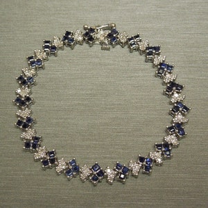 Vintage Estate Art Deco 14K White Gold 3.75TCW Square Sapphire & Diamond Tennis Bracelet 6.5&quot;