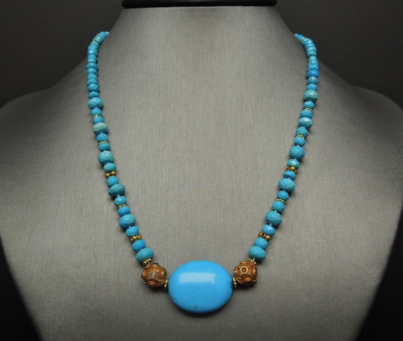 14K Gold Persian Turquoise Gemstone Rondelle Ancient Roman Style