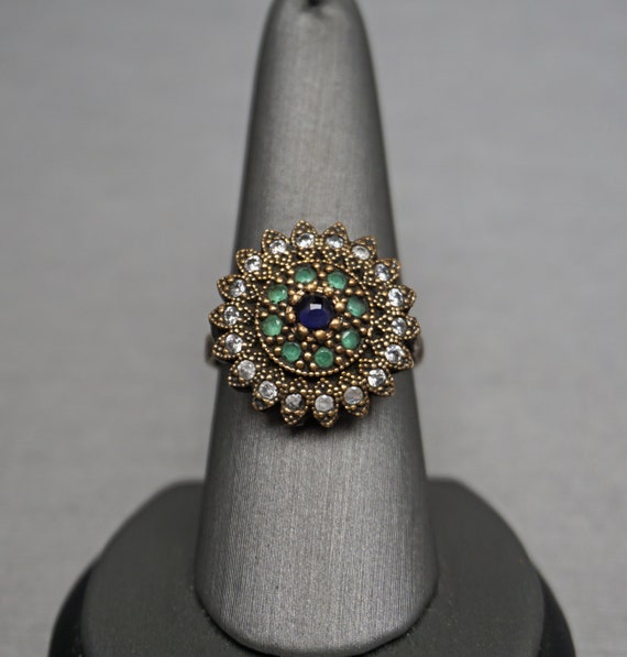 Iolite Sunflower Ring / Vintage Estate Sterling Silver + Bronze 0.85TCW Iolite, Chrysoprase, & White Crystal Sunflower Cluster Ring  Sz 9.25