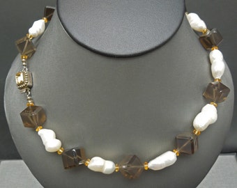 Vintage Estate Topaz Cube, Natural Pearl & Citrine 'Earth Tone' Gemstone Bead Necklace w/ Sterling Silver Clasp 17.5"