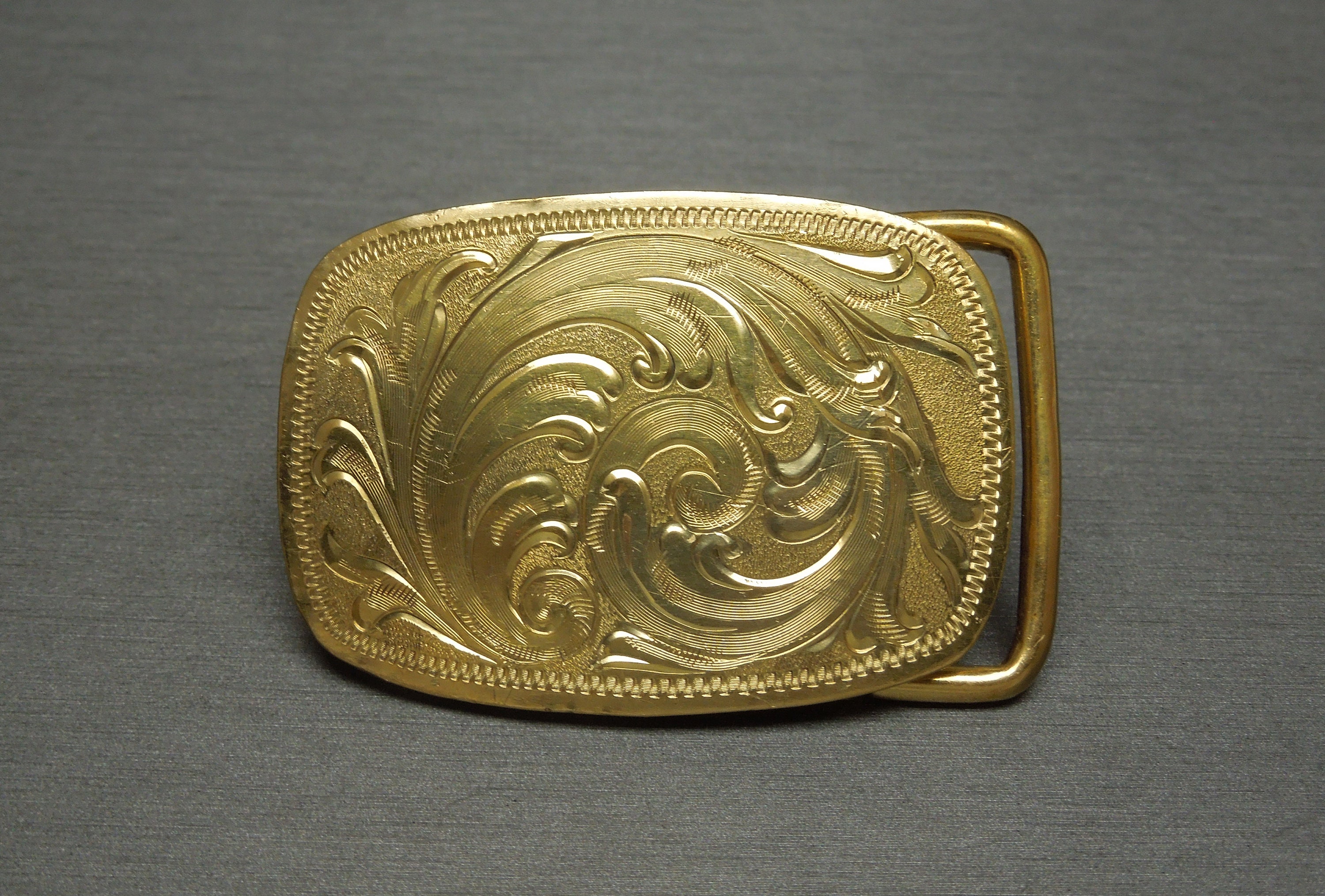 Vintage Mid Century Estate C1960 Gold Vermeil Hand Engraved Victorian Motif  Old West Belt Buckle for 1 1.25 Belt 
