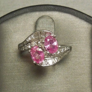 Vintage Estate C1950 Platinum 3.02TCW Double Natural Vivid Pink Sapphire & Round + Baguette Diamond ByPass Statement Ring Sz 7.75