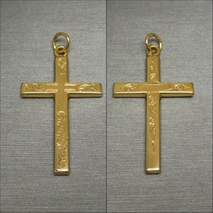 Antique Estate C1930 14K Gold Engraved Double Sided Large Statement Cross Pendant / Men&#39;s Antique Cross  2&quot; x 1&quot;