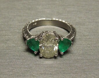 Vintage Estate 18K White Gold 2.93TCW Oval Diamond Solitaire & Trillion cut Emerald Three Stone Past Present Future Engagement Ring Sz 5.75