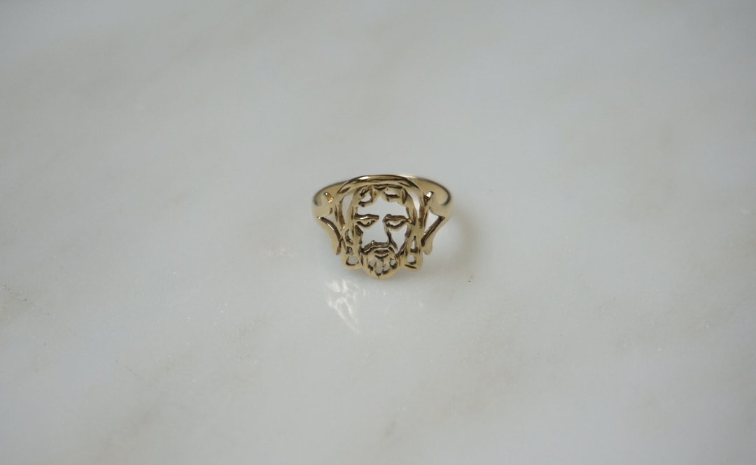 9ct Gold Jesus Head Mans CZ Ring main image 1