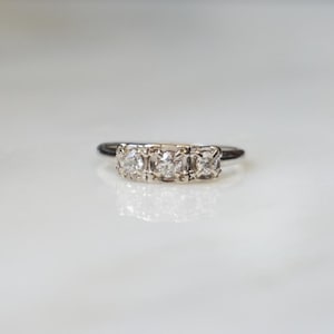 Antique 3 Diamond Ring / Antique Estate C1940 14K White Gold 0.50TCW Three-Stone Old Mine cut Diamond Square Engagement Ring  Sz 6.25
