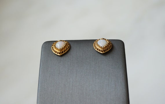 14K Gold Heart Opal Earrings / Vintage Estate C19… - image 3