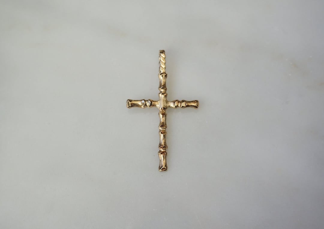 14K Gold Bamboo Cross / Mid Century Estate C1960 14K Gold Bamboo Design ...