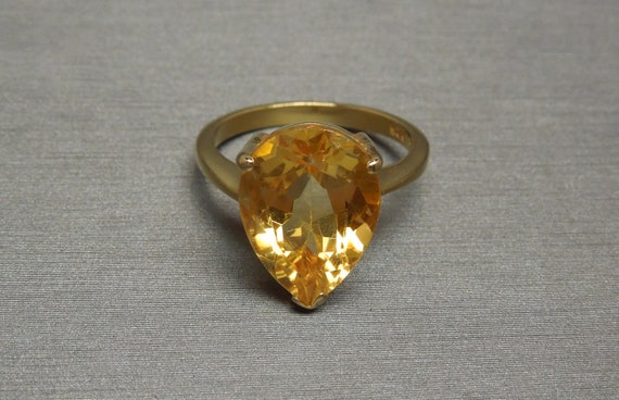 Vintage Estate 925 Gold Vermeil Sterling Silver 12.00 carat Pear cut Golden Citrine Solitaire Ring Sz 8