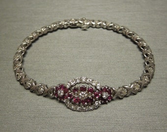 Vintage Art Deco Style Estate C1970 10K + 14K White Gold 2.00TCW Fine Red Ruby & Diamond X Link Bracelet 7"