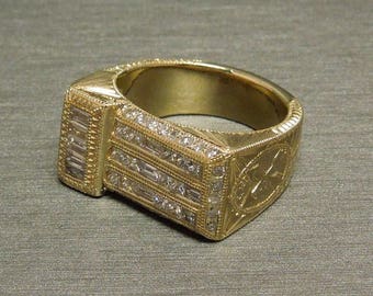 Men's Vintage Estate C1970 Roman Pompeii Arrow Hand Engraved 14K Gold 2.33TCW Square & Baguette Diamond Statement Ring Sz 9.75