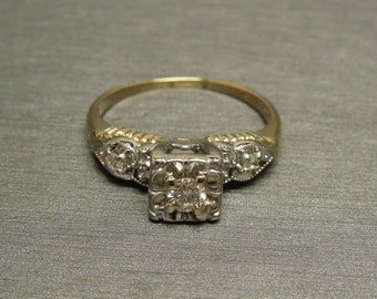 Vintage Estate C1950 Signed STARDUST 14K Gold Milgrain 0.28TCW H SI2 Round Diamond Square Illusion Engagement Ring
