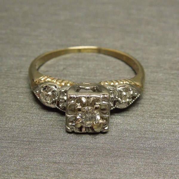 Vintage Estate C1950 Signed STARDUST 14K Gold Milgrain 0.28TCW H SI2 Round Diamond Square Illusion Engagement Ring