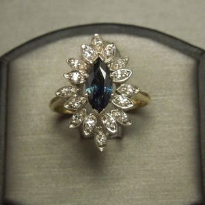 Vintage Estate C1960 14K Gold Floral 1.55TCW Marquise Sapphire Solitaire & Diamond Dinner / Cocktail Ring Sz 8.25
