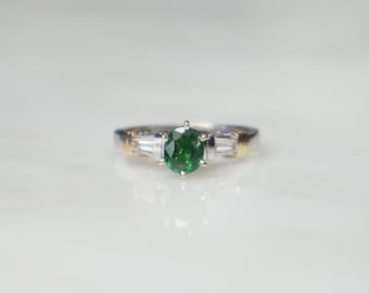 Tsavorite Garnet Ring / Vintage Estate 14K Two Tone White & Yellow Gold 1.05TCW Green Garnet Solitaire Diamond Baguette Engagement Ring Sz 6