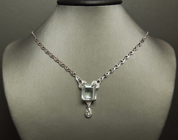 Vintage Estate Art Deco 14K White Gold 10.64TCW GIA Certified Square Aquamarine & Diamond Necklace / GIA Aquamarine Necklace 18.5"