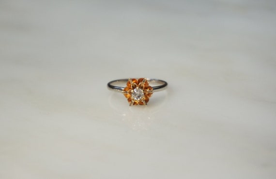 14K Diamond Buttercup Ring / Mid Century Estate C… - image 1