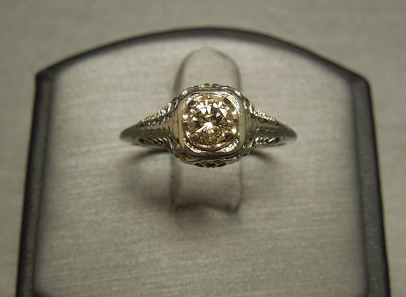 Antique Estate C1910 18K White Gold Filigree 0.62ct SI1 Natural Champagne Diamond Solitaire Engagement Ring Sz 8