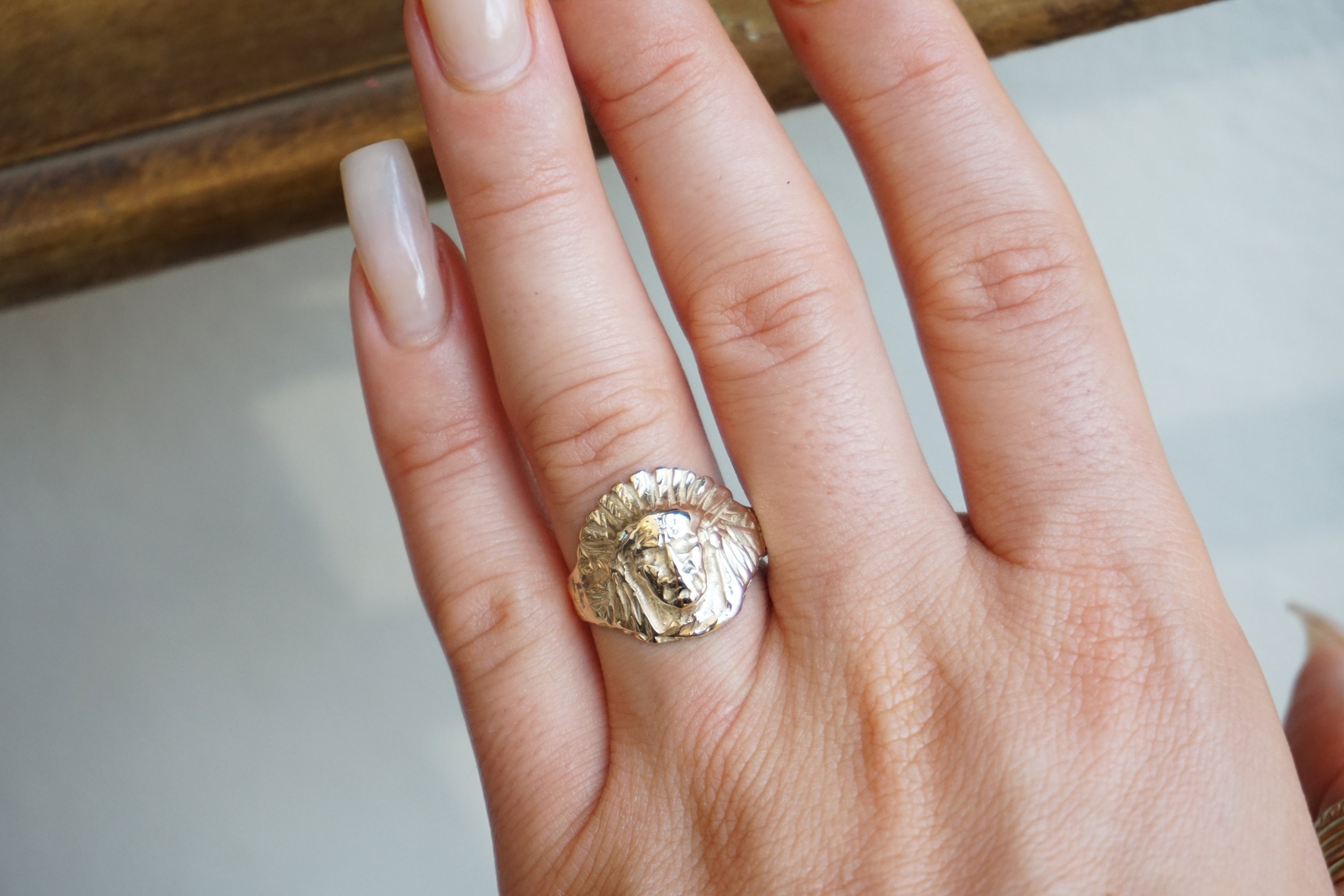 Gold Indian Head Ring / Vintage Estate C1970 14K Solid Gold