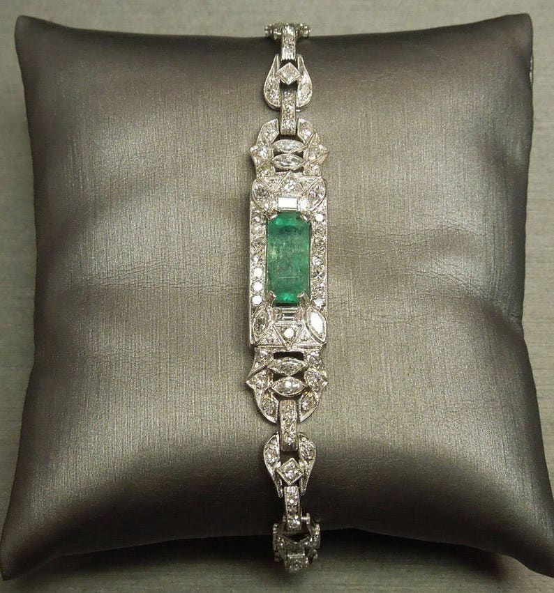 Antique Art Deco Estate C1920 Platinum Engraved 4.38TCW Natural Emerald & Diamond Cocktail Dress Bracelet 6.25 image 1