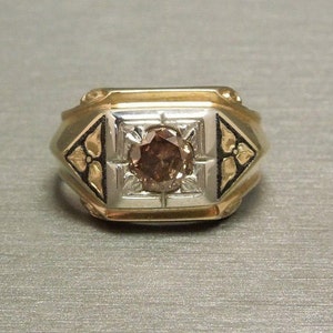 Men&#39;s Antique Estate C1940 10K Gold + Black Enamel 0.80ct Fancy Red Cognac Diamond Solitaire Ring Sz 8.75