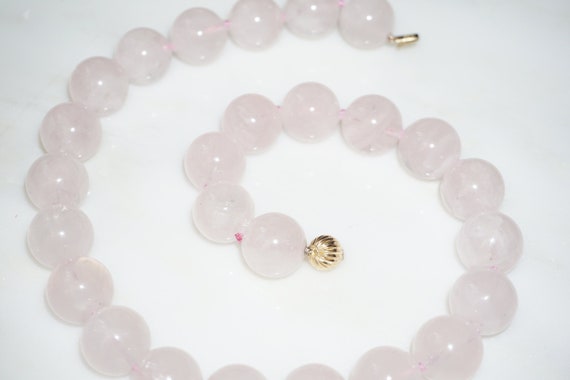 14K Gold Rose Quartz Necklace / Vintage Estate 14K Gold Fluted Ball Clasp Natural Rose Quartz Sphere Bead Necklace / Rose Quartz Beads 18.5"