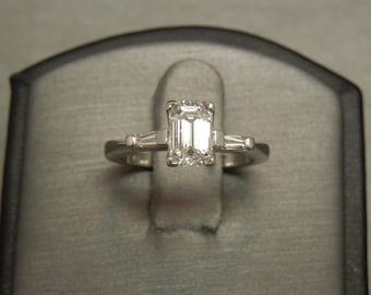 Vintage Estate C1960 Platinum 1.56TCW Emerald cut Diamond Solitaire & Baguette Engagement Ring Contoured Wedding Band 2PC Bridal Set