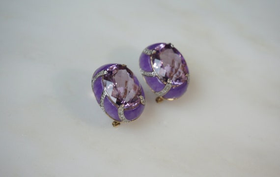 14K Lavender Jade Amethyst Earrings / Vintage Estate 14K Gold Amethyst, Lavender Jade, & Diamond Oval French Clip Back Earrings  0.75"