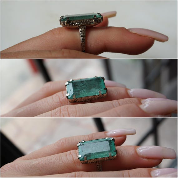 Antique Emerald Solitaire Ring / Antique Estate C… - image 6