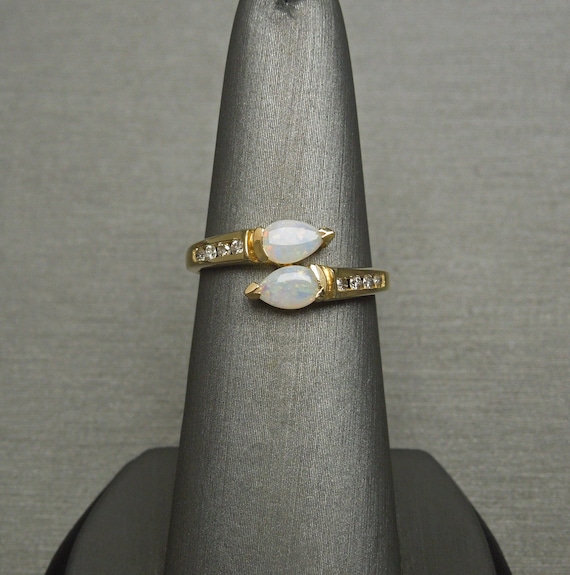 Vintage Estate 14K Gold Double Pear cut Opal & Brilliant Diamond Bypass Ring / Opal Bypass Ring  Sz 7