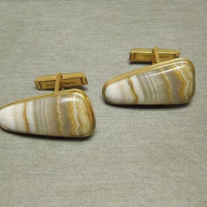 Unisex / Men&#39;s Vintage Estate C1950 925 Gold over Sterling Silver Agate Ancient Pyramid Stone Gemstone Cuff Links Cufflinks