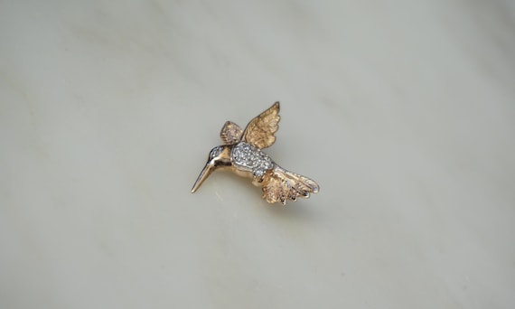 14K Diamond Hummingbird Pin / Vintage Estate 14K Gold 0.25TCW Diamond Hummingbird Slide Pendant / Diamond Hummingbird Lapel Pin Brooch 1"